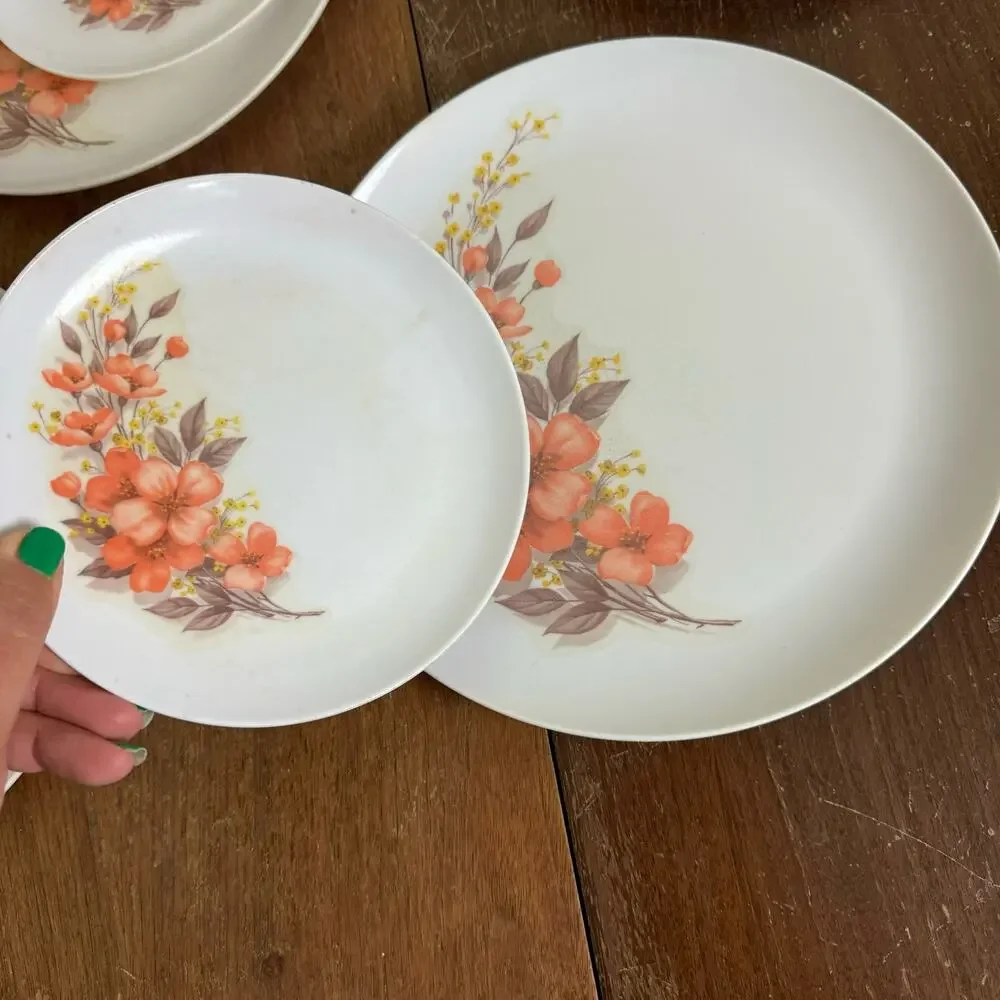 Mar-Crest Melmac VINTAGE peach floral dinner & bread 5 place setting‎